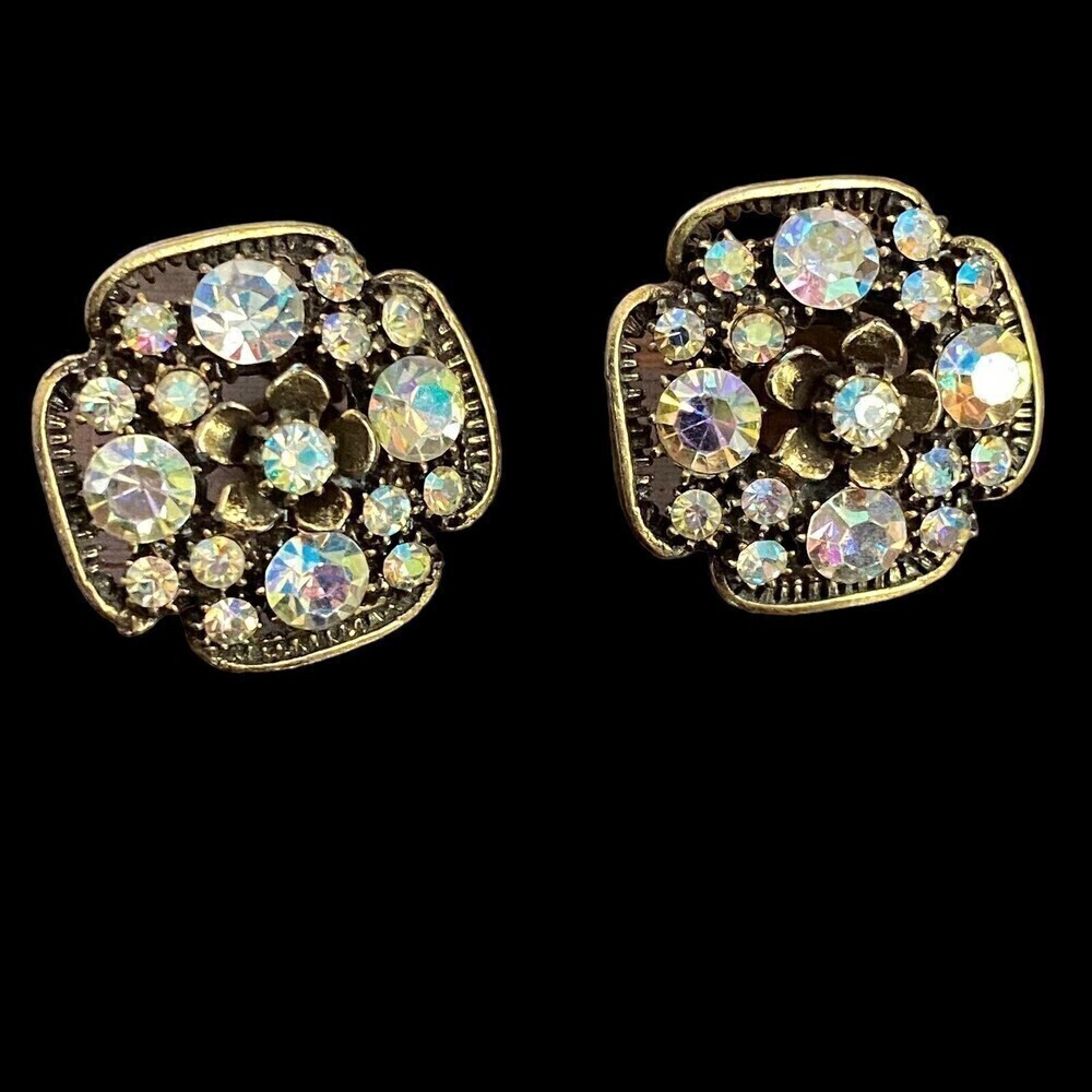 Vintage Florenza Aurora Borealis AB Rhinestone  Gold Tone Clip Earrings